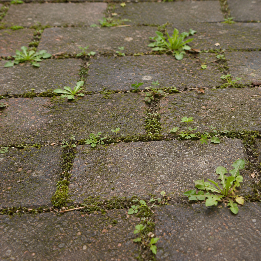 Tuinpad met onkruid en mos voor gebruik